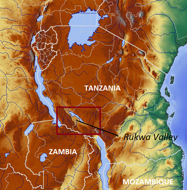 map of Tanzania highlighting the Rukwa Valley in western portion of the African country