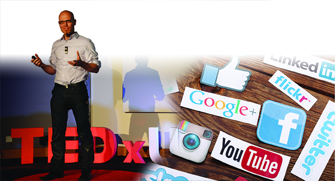 Photo montage: Martin Hilbert giving TEDx talk and social media icons