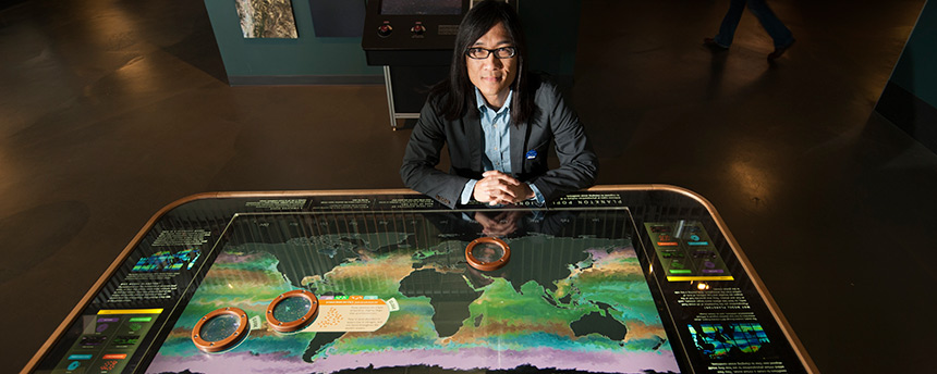 Graduate students can work on creative projects, such as this one created by Kwan-Liu Ma, a UC Davis professor of computer science. Featured in a science museum collaboration, Ma's World Plankton Populations table that shows visitors small creatures and facts about them. (Gregory Urquiaga/UC Davis)