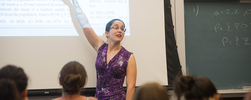 UC Davis statistics graduate student Erin Melcon, one of eight winners of the 2014 Outstanding Graduate Student Teaching Award, teaches an undergraduate class of students. (Karin Higgins/UC Davis)