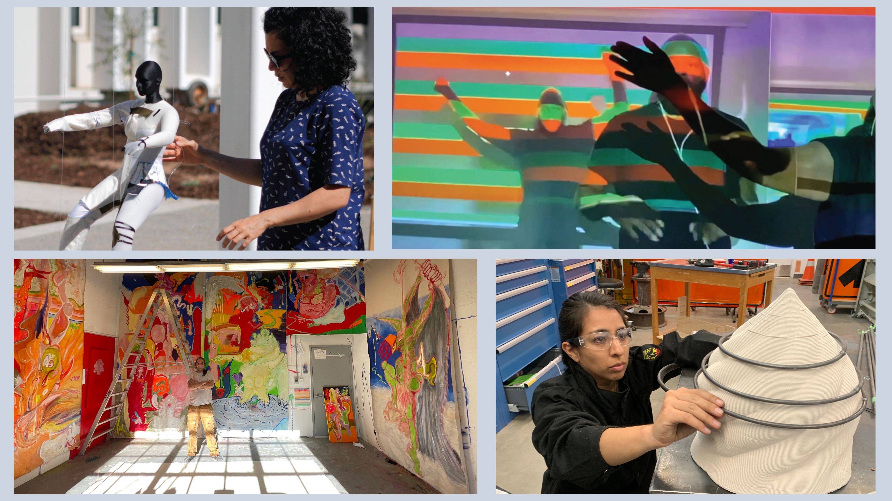A montage of students showcasing their art: One student with a small mannequin in the top left corner, to the right of that is an artist standing in front of a colorful wall of stripes, in the bottom left a student stands in front of their murals, and in the bottom left corner, a student works on crafting her artworks which is shaped like a cone