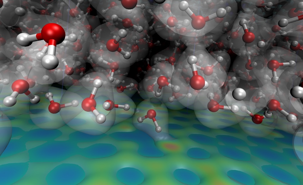 A graphic of a molecular model showing model water at the surface of graphene (water splitting).