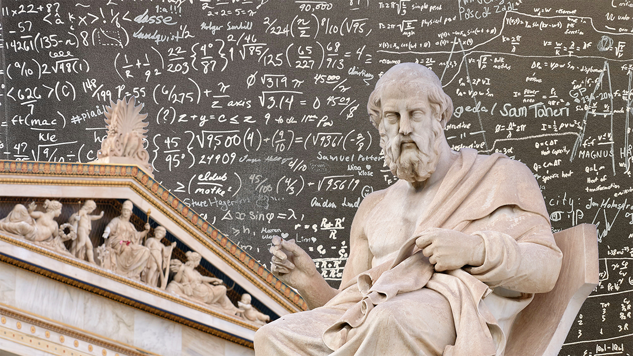 Sculpture of Greek philosopher Plato and Parthenon super-imposed on top of chalkboard with mathematical equations handwritten in chalk