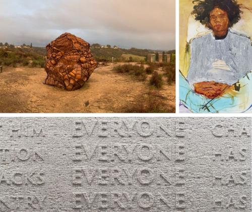 images of three works of art. Upper left a larger boulder like structure rust colored in a rocky landscape. Upper right, image of person with large dark hair, gray/blue shirt and blue pants sitting cross legged. Bottom While colored mosaic stones speling out words.