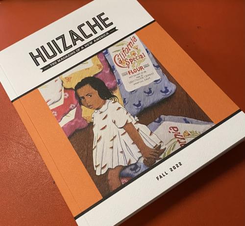 cover of a journal mainly white and orange with the word Huizache across the top above and artwork of a girl wearing a dress covered with watermelons. 