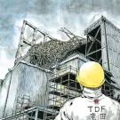 drawing showing a person wearing a yellow hardhat looking up at a damaged building